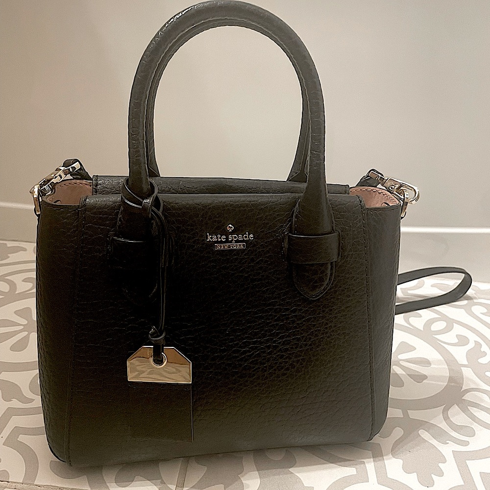 Kate Spade black purse crossbody adjustable pebbled leather pink interior